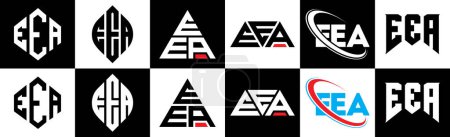 Ilustración de Diseño del logotipo de la carta EEE en seis estilos. Polígono EEE, círculo, triángulo, hexágono, estilo plano y simple con el logotipo de la letra de variación de color blanco y negro establecido en una tabla de arte. Logo minimalista y clásico del EEE - Imagen libre de derechos
