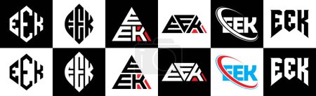 Ilustración de Diseño del logotipo de la letra EEK en seis estilos. EEK polígono, círculo, triángulo, hexágono, estilo plano y simple con el logotipo de la letra de variación de color blanco y negro establecido en una tabla de arte. Logo minimalista y clásico de EEK - Imagen libre de derechos