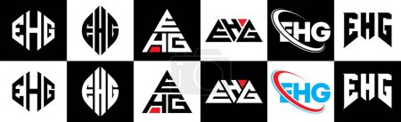 Ilustración de Diseño del logotipo de la letra EHG en seis estilos. Polígono EHG, círculo, triángulo, hexágono, estilo plano y simple con el logotipo de la letra de variación de color blanco y negro establecido en una placa de arte. Logo minimalista y clásico de EHG - Imagen libre de derechos