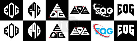 Téléchargez les illustrations : EQG lettre logo design dans six style. Polygone EQG, cercle, triangle, hexagone, style plat et simple avec logo de lettre de variation de couleur noir et blanc dans une illustration. Logo minimaliste et classique EQG - en licence libre de droit
