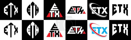 Illustration for ETX letter logo design in six style. ETX polygon, circle, triangle, hexagon, flat and simple style with black and white color variation letter logo set in one artboard. ETX minimalist and classic logo - Royalty Free Image