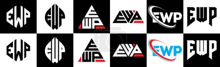 Ilustración de Diseño del logotipo de la letra EWP en seis estilos. Polígono EWP, círculo, triángulo, hexágono, estilo plano y simple con el logotipo de la letra de variación de color blanco y negro establecido en una placa de arte. Logo minimalista y clásico de EWP - Imagen libre de derechos