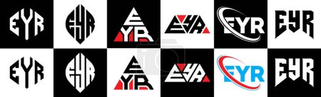 Ilustración de Diseño del logotipo de la letra EYR en seis estilos. Polígono, círculo, triángulo, hexágono, estilo plano y simple del EYR con el logotipo de la letra de la variación del color blanco y negro fijado en una tabla de arte. Logotipo minimalista y clásico del EYR - Imagen libre de derechos
