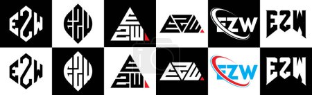 Illustration for EZW letter logo design in six style. EZW polygon, circle, triangle, hexagon, flat and simple style with black and white color variation letter logo set in one artboard. EZW minimalist and classic logo - Royalty Free Image