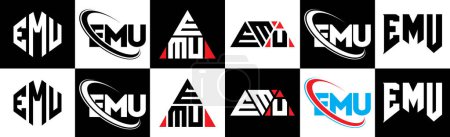 Téléchargez les illustrations : Design du logo de la lettre UEM en six styles. Polygone EMU, cercle, triangle, hexagone, style plat et simple avec lettre de variation de couleur noir et blanc logo dans un seul tableau. Logo minimaliste et classique de l'UEM - en licence libre de droit