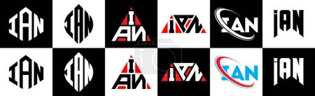 Illustration for IAN letter logo design in six style. IAN polygon, circle, triangle, hexagon, flat and simple style with black and white color variation letter logo set in one artboard. IAN minimalist and classic logo - Royalty Free Image