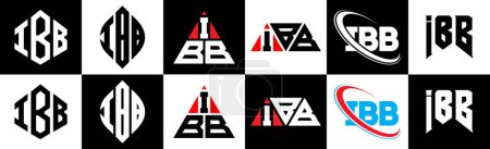 Illustration for IBB letter logo design in six style. IBB polygon, circle, triangle, hexagon, flat and simple style with black and white color variation letter logo set in one artboard. IBB minimalist and classic logo - Royalty Free Image