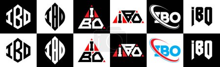 Téléchargez les illustrations : IBO letter logo design in six style. IBO polygon, circle, triangle, hexagon, flat and simple style with black and white color variation letter logo set in one artboard. IBO minimalist and classic logo - en licence libre de droit