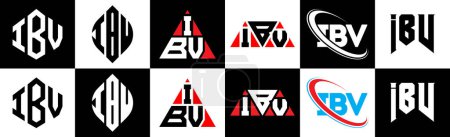Téléchargez les illustrations : IBV letter logo design in six style. IBV polygon, circle, triangle, hexagon, flat and simple style with black and white color variation letter logo set in one artboard. IBV minimalist and classic logo - en licence libre de droit