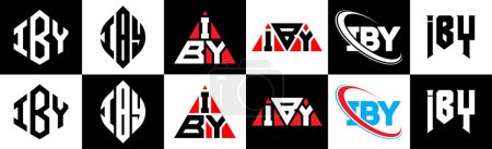 Téléchargez les illustrations : IBY letter logo design in six style. IBY polygon, circle, triangle, hexagon, flat and simple style with black and white color variation letter logo set in one artboard. IBY minimalist and classic logo - en licence libre de droit