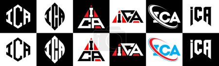 Illustration for ICA letter logo design in six style. ICA polygon, circle, triangle, hexagon, flat and simple style with black and white color variation letter logo set in one artboard. ICA minimalist and classic logo - Royalty Free Image