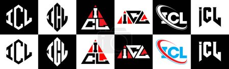 Illustration for ICL letter logo design in six style. ICL polygon, circle, triangle, hexagon, flat and simple style with black and white color variation letter logo set in one artboard. ICL minimalist and classic logo - Royalty Free Image