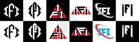 Téléchargez les illustrations : IFI letter logo design in six style. IFI polygon, circle, triangle, hexagon, flat and simple style with black and white color variation letter logo set in one artboard. IFI minimalist and classic logo - en licence libre de droit