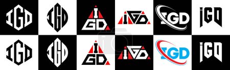 Illustration for IGD letter logo design in six style. IGD polygon, circle, triangle, hexagon, flat and simple style with black and white color variation letter logo set in one artboard. IGD minimalist and classic logo - Royalty Free Image
