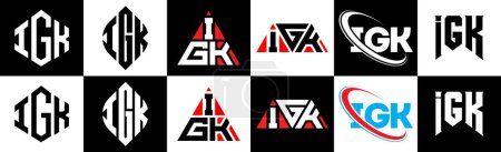 Téléchargez les illustrations : IGK letter logo design in six style. IGK polygon, circle, triangle, hexagon, flat and simple style with black and white color variation letter logo set in one artboard. IGK minimalist and classic logo - en licence libre de droit