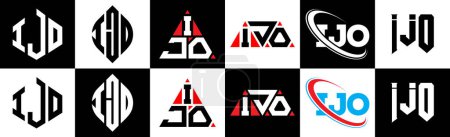 Ilustración de IJO letter logo design in six style. IJO polygon, circle, triangle, hexagon, flat and simple style with black and white color variation letter logo set in one artboard. IJO minimalist and classic logo - Imagen libre de derechos