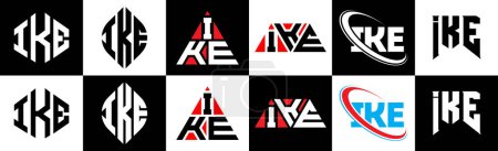 Téléchargez les illustrations : IKE letter logo design in six style. IKE polygon, circle, triangle, hexagon, flat and simple style with black and white color variation letter logo set in one artboard. IKE minimalist and classic logo - en licence libre de droit