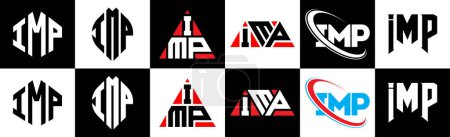 Illustration for IMP letter logo design in six style. IMP polygon, circle, triangle, hexagon, flat and simple style with black and white color variation letter logo set in one artboard. IMP minimalist and classic logo - Royalty Free Image