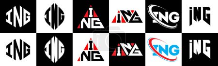 Ilustración de ING letter logo design in six style. ING polygon, circle, triangle, hexagon, flat and simple style with black and white color variation letter logo set in one artboard. ING minimalist and classic logo - Imagen libre de derechos