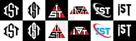 Illustration for IST letter logo design in six style. IST polygon, circle, triangle, hexagon, flat and simple style with black and white color variation letter logo set in one artboard. IST minimalist and classic logo - Royalty Free Image