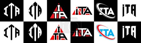 Illustration for ITA letter logo design in six style. ITA polygon, circle, triangle, hexagon, flat and simple style with black and white color variation letter logo set in one artboard. ITA minimalist and classic logo - Royalty Free Image