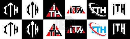 Téléchargez les illustrations : ITH letter logo design in six style. ITH polygon, circle, triangle, hexagon, flat and simple style with black and white color variation letter logo set in one artboard. ITH minimalist and classic logo - en licence libre de droit