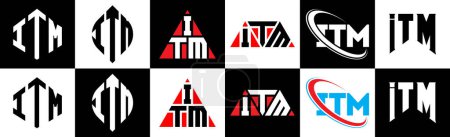 Illustration for ITM letter logo design in six style. ITM polygon, circle, triangle, hexagon, flat and simple style with black and white color variation letter logo set in one artboard. ITM minimalist and classic logo - Royalty Free Image
