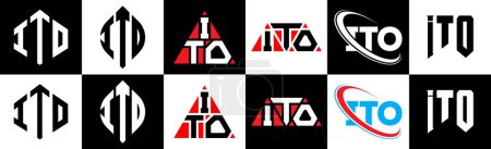 Téléchargez les illustrations : ITO letter logo design in six style. ITO polygon, circle, triangle, hexagon, flat and simple style with black and white color variation letter logo set in one artboard. ITO minimalist and classic logo - en licence libre de droit