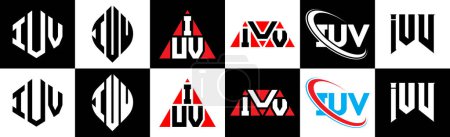 Ilustración de IUV letter logo design in six style. IUV polygon, circle, triangle, hexagon, flat and simple style with black and white color variation letter logo set in one artboard. IUV minimalist and classic logo - Imagen libre de derechos