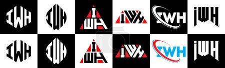 Illustration for IWH letter logo design in six style. IWH polygon, circle, triangle, hexagon, flat and simple style with black and white color variation letter logo set in one artboard. IWH minimalist and classic logo - Royalty Free Image