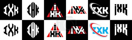 Téléchargez les illustrations : IXK letter logo design in six style. IXK polygon, circle, triangle, hexagon, flat and simple style with black and white color variation letter logo set in one artboard. IXK minimalist and classic logo - en licence libre de droit