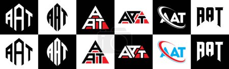 Téléchargez les illustrations : AAT letter logo design in six style. AAT polygon, circle, triangle, hexagon, flat and simple style with black and white color variation letter logo set in one artboard. AAT minimalist and classic logo - en licence libre de droit