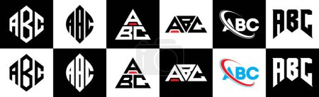 ABC letter logo design in six style. ABC polygon, circle, triangle, hexagon, flat and simple style with black and white color variation letter logo set in one artboard. ABC minimalist and classic logo