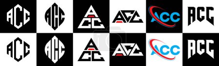 Illustration for ACC letter logo design in six style. ACC polygon, circle, triangle, hexagon, flat and simple style with black and white color variation letter logo set in one artboard. ACC minimalist and classic logo - Royalty Free Image