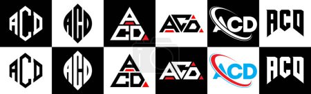 Téléchargez les illustrations : ACD letter logo design in six style. ACD polygon, circle, triangle, hexagon, flat and simple style with black and white color variation letter logo set in one artboard. ACD minimalist and classic logo - en licence libre de droit