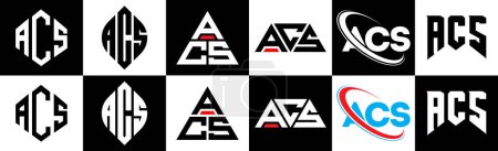 Téléchargez les illustrations : ACS letter logo design in six style. ACS polygon, circle, triangle, hexagon, flat and simple style with black and white color variation letter logo set in one artboard. ACS minimalist and classic logo - en licence libre de droit