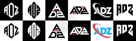 Illustration for ADZ letter logo design in six style. ADZ polygon, circle, triangle, hexagon, flat and simple style with black and white color variation letter logo set in one artboard. ADZ minimalist and classic logo - Royalty Free Image