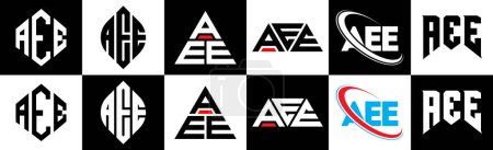 Téléchargez les illustrations : AEE letter logo design in six style. AEE polygon, circle, triangle, hexagon, flat and simple style with black and white color variation letter logo set in one artboard. AEE minimalist and classic logo - en licence libre de droit
