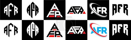 Téléchargez les illustrations : AFR letter logo design in six style. AFR polygon, circle, triangle, hexagon, flat and simple style with black and white color variation letter logo set in one artboard. AFR minimalist and classic logo - en licence libre de droit