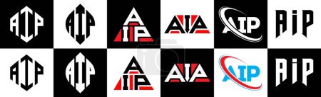 Ilustración de AIP letter logo design in six style. AIP polygon, circle, triangle, hexagon, flat and simple style with black and white color variation letter logo set in one artboard. AIP minimalist and classic logo - Imagen libre de derechos