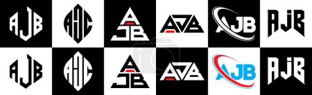 AJB letter logo design in six style. AJB polygon, circle, triangle, hexagon, flat and simple style with black and white color variation letter logo set in one artboard. AJB minimalist and classic logo