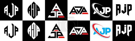 Ilustración de AJP letter logo design in six style. AJP polygon, circle, triangle, hexagon, flat and simple style with black and white color variation letter logo set in one artboard. AJP minimalist and classic logo - Imagen libre de derechos