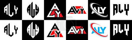 Illustration for ALY letter logo design in six style. ALY polygon, circle, triangle, hexagon, flat and simple style with black and white color variation letter logo set in one artboard. ALY minimalist and classic logo - Royalty Free Image