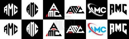 Ilustración de AMC letter logo design in six style. AMC polygon, circle, triangle, hexagon, flat and simple style with black and white color variation letter logo set in one artboard. AMC minimalist and classic logo - Imagen libre de derechos