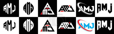 Illustration for AMJ letter logo design in six style. AMJ polygon, circle, triangle, hexagon, flat and simple style with black and white color variation letter logo set in one artboard. AMJ minimalist and classic logo - Royalty Free Image