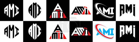 Téléchargez les illustrations : AMI letter logo design in six style. AMI polygon, circle, triangle, hexagon, flat and simple style with black and white color variation letter logo set in one artboard. AMI minimalist and classic logo - en licence libre de droit