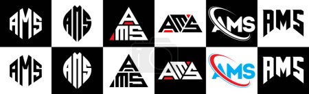 Téléchargez les illustrations : AMS letter logo design in six style. AMS polygon, circle, triangle, hexagon, flat and simple style with black and white color variation letter logo set in one artboard. AMS minimalist and classic logo - en licence libre de droit