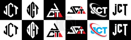 Téléchargez les illustrations : JCT letter logo design in six style. JCT polygon, circle, triangle, hexagon, flat and simple style with black and white color variation letter logo set in one artboard. JCT minimalist and classic logo - en licence libre de droit