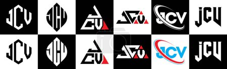 Téléchargez les illustrations : JCV letter logo design in six style. JCV polygon, circle, triangle, hexagon, flat and simple style with black and white color variation letter logo set in one artboard. JCV minimalist and classic logo - en licence libre de droit