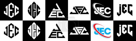 Ilustración de JEC letter logo design in six style. JEC polygon, circle, triangle, hexagon, flat and simple style with black and white color variation letter logo set in one artboard. JEC minimalist and classic logo - Imagen libre de derechos